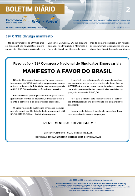 Boletim Diário – 20/05/2024 - 20/05/2024 | Fecomércio