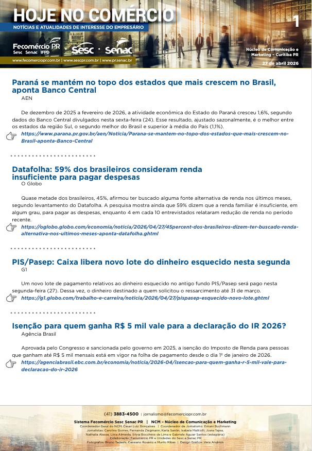Boletim Diário – 27/04/2026 - 27/04/2026 | Fecomércio