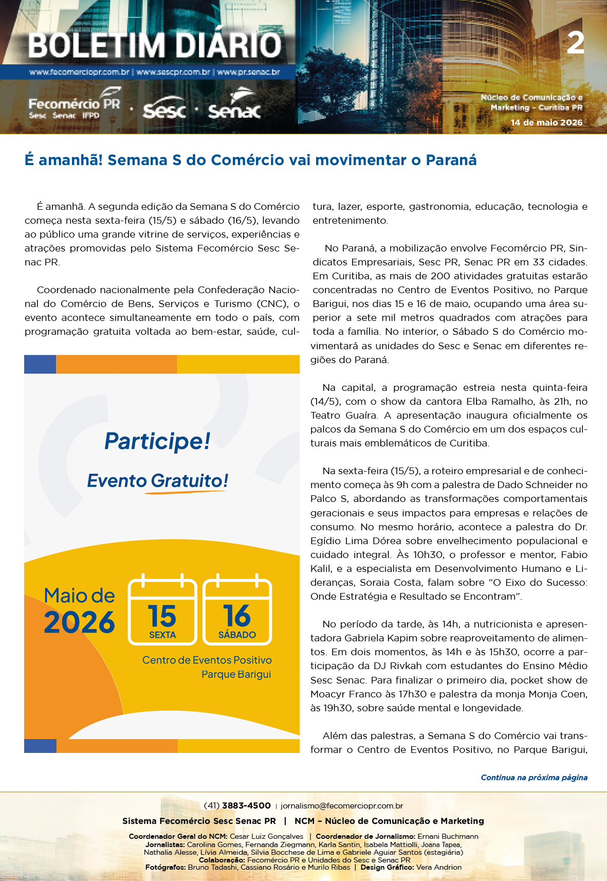Boletim Diário – 14/05/2026 - 14/05/2026 | Fecomércio