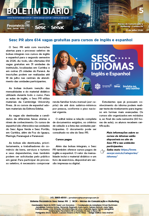 Boletim Diário – 13/07/2026 - 13/07/2026 | Fecomércio