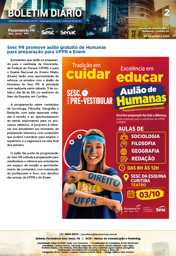 Boletim Diário – 02/10/2026 - 02/10/2026 | Fecomércio